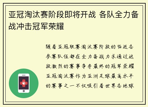 亚冠淘汰赛阶段即将开战 各队全力备战冲击冠军荣耀