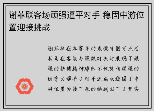 谢菲联客场顽强逼平对手 稳固中游位置迎接挑战